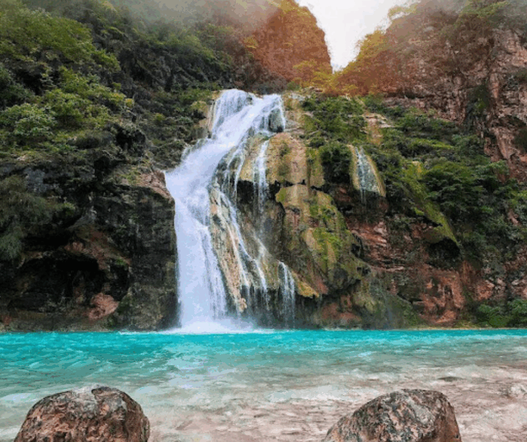 Waterfall cascading down a rocky cliff into a bright turquoise pool surrounded by lush greenery.