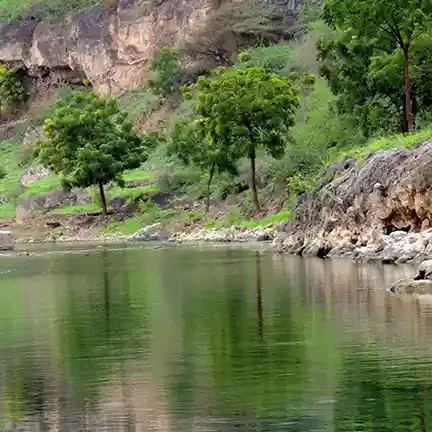 Lush greenery by tranquil water Ayn Razat in East of Salalah